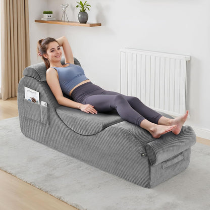 Yoga Chairs for Adults, Ergonomic Chaise Lounge Chair Indoor with Side Pocket, Lumbar Pillow, Ottoman, Yoga Chair Perfect for Stretching, Relaxation, Exercise, Used in Bedroom, Living Room（Grey）