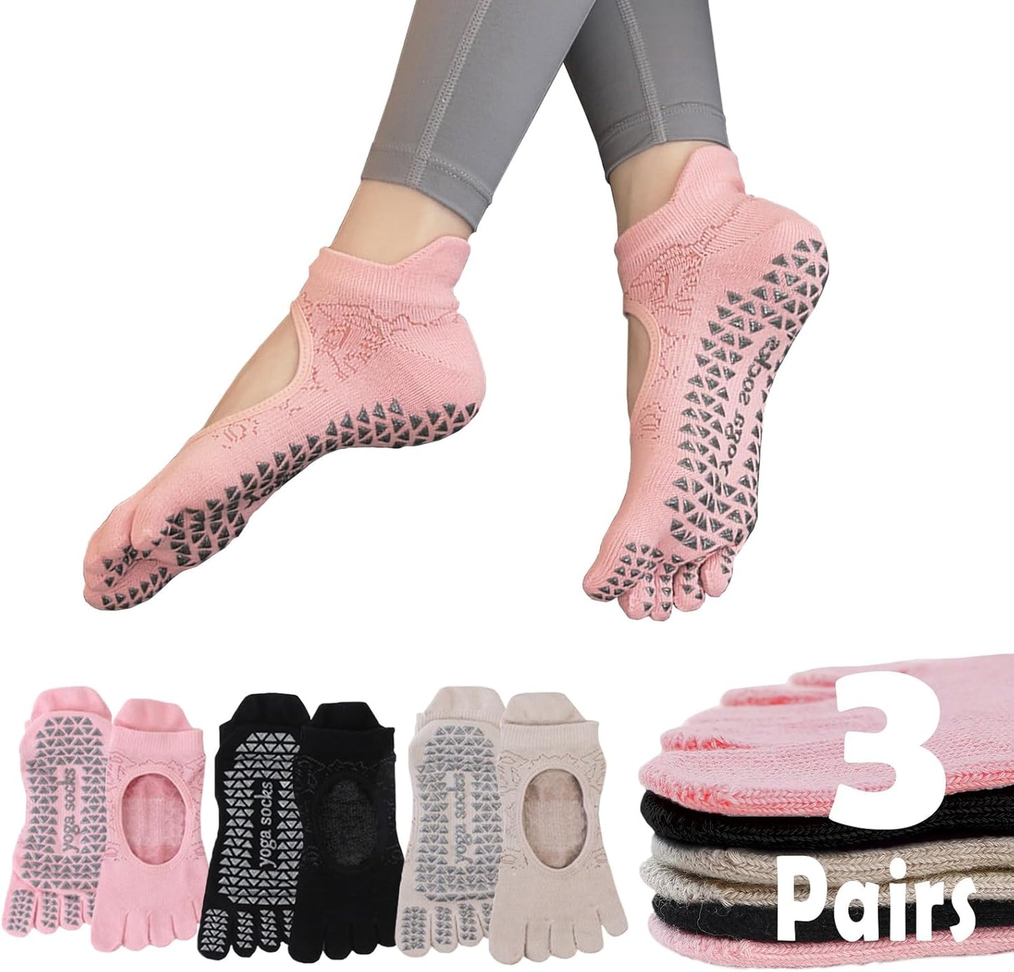 Women's Non-Slip Pilates Yoga Socks, 5-Toe Breathable Cotton Sports Socks, For Pregnant Women, 3 Pairs