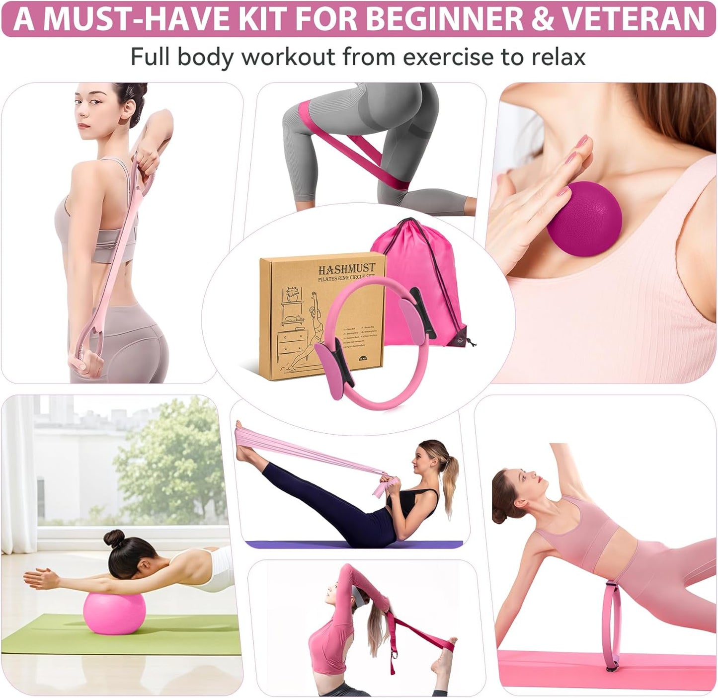 HASHMUST Pilates Ring Kit 12 PCS for Women, Home Workout Equipment with Magic Circle, Mini Exercise Ball, Resistance Bands, Massage Lacrosse, Yoga Strap, Full-Body Fitness Set for Toning & Gift