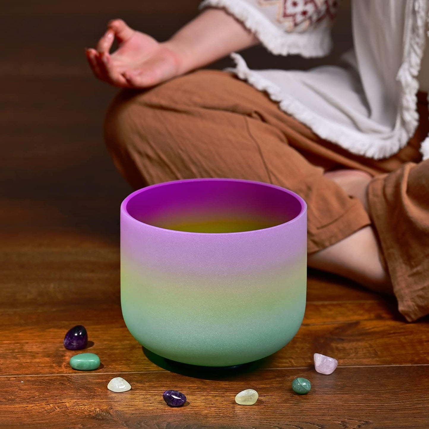CVNC 440HZ 8 Inch Rainbow Colored A Note Third-Eye Chakra Frosted Quartz Crystal Singing Bowl for Sound Healing and Meditation