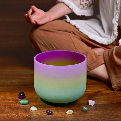 CVNC 440HZ 8 Inch Rainbow Colored A Note Third-Eye Chakra Frosted Quartz Crystal Singing Bowl for Sound Healing and Meditation