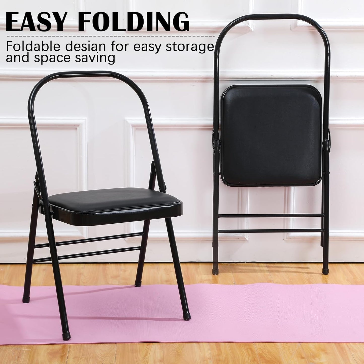 RattanView Yoga Auxiliary Chair with Lumbar Back Support Backless Folding Metal Foldable Flexibility Exercise Chair Balance Handstand Training Tool for Back Pain Relieving Strength Training