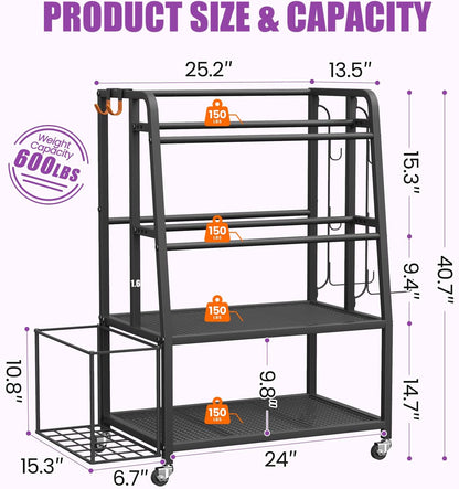 VOPEAK Dumbbell Rack for Home Gym, Adjustable Weight Rack Stand with Wheels, Heavy Duty Steel Storage Organizer for Dumbbells Kettlebells Yoga Mat, with Locking Casters & Side Hooks