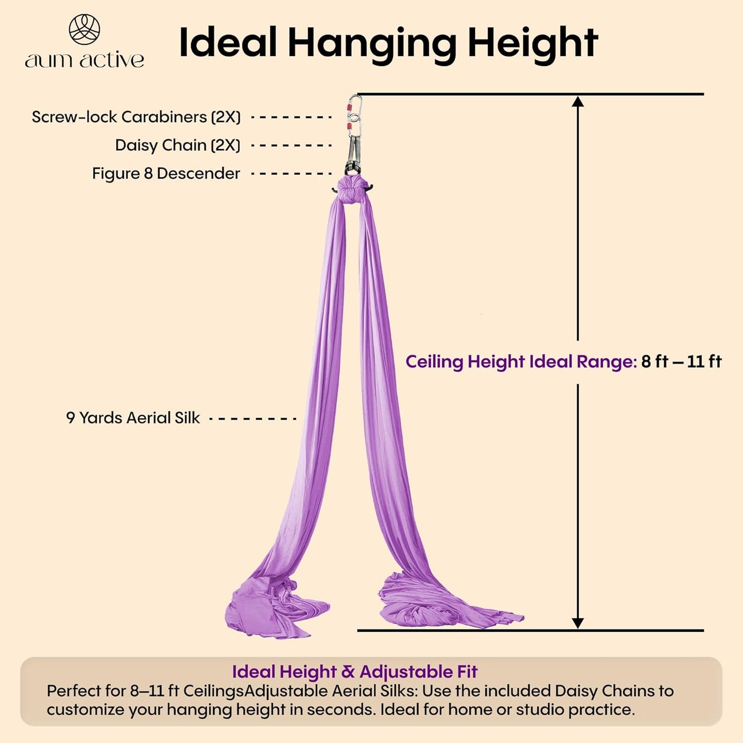 Aerial Silks Starter Kit - Durable 9 Yards of Aerial Yoga Hammock with Hardware & Guide - Aerial Swing for Acrobatic Flying Yoga & All Levels (Aerial Rigging Point Up to 13ft)