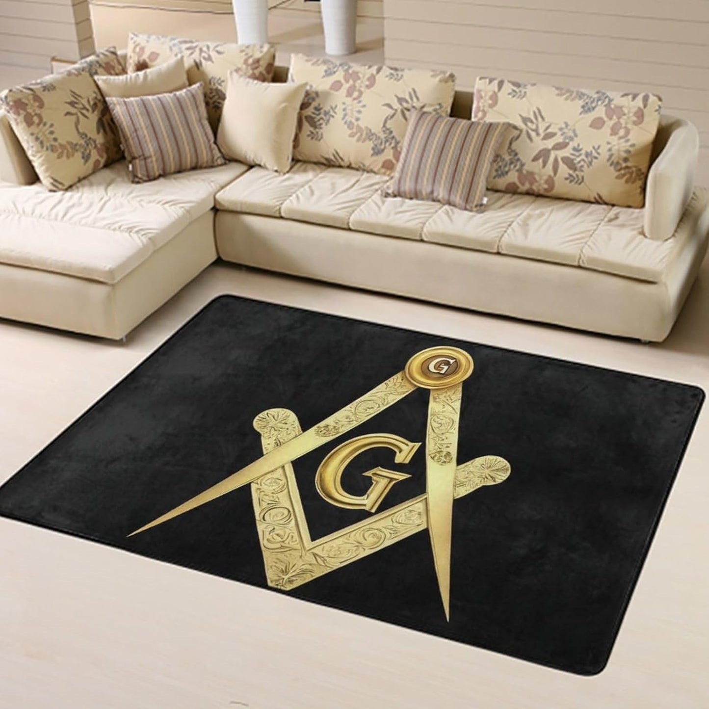 Comfortable Memory Foam Area Rugs with Anti-Skid Rubber Backing, Gold Freemason Freemasonry Masonic Yoga Mat Indoor Entryway Mat for Bedroom Livingroom Sitting Room Home Art