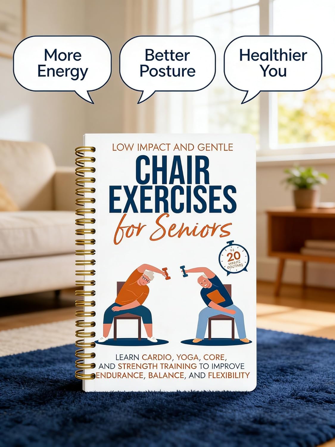 Chair Yoga for Seniors Over 60 Book, 2-Person Cover Design with Exercise Chart, Gentle Poses for Weight Loss and Mobility, Senior Workout Guide for Home