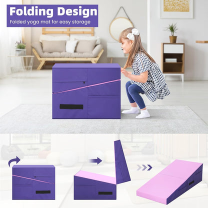 Gymnastics Mat Incline Tumbling Mats—Indoor/Outdoor Folding Cheese Wedge Mat with Non-Slip Surface & Handles for Kids Girls Home Training Exercise