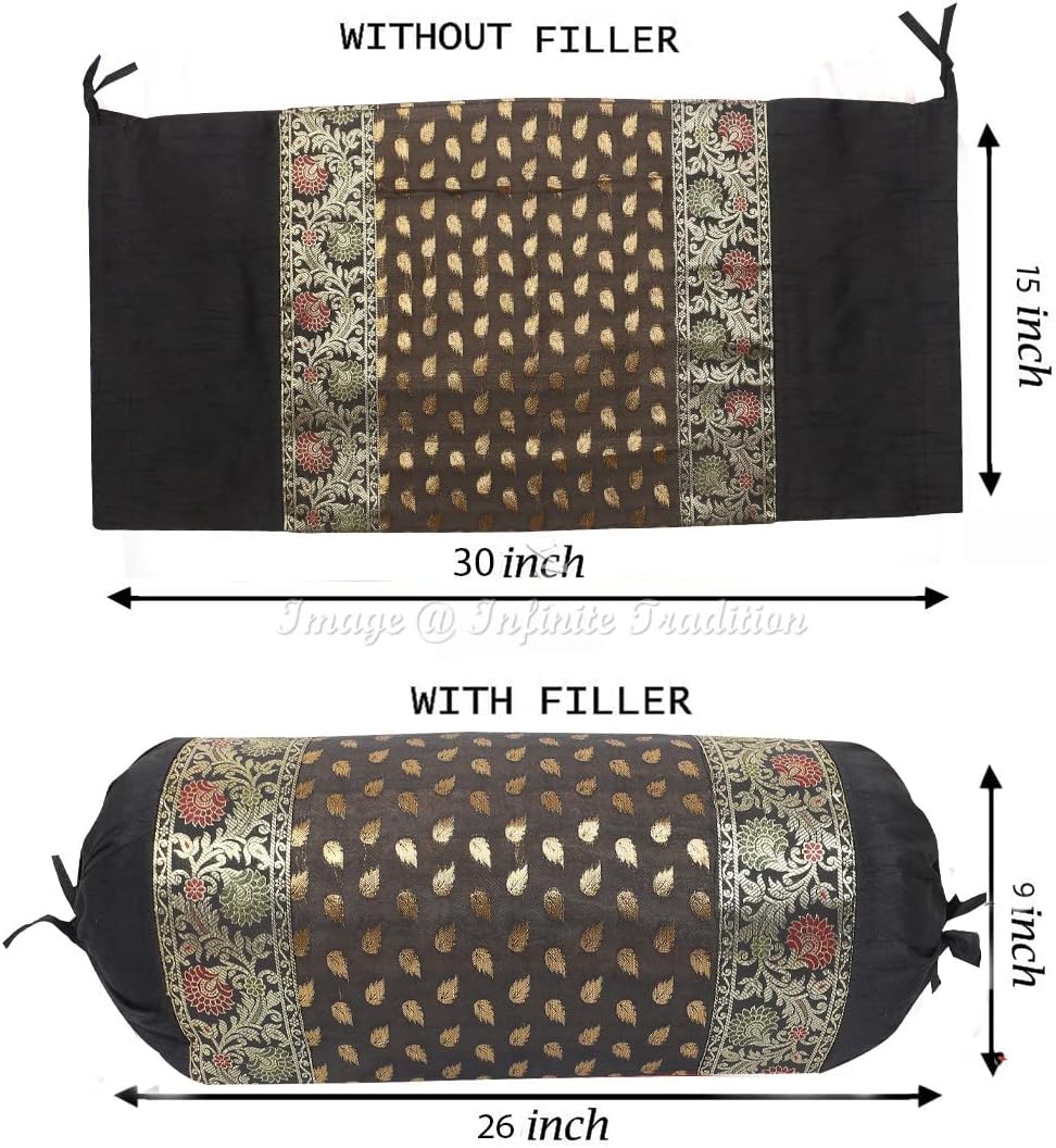 Ethnic Living Room Decorative Bolster Tube Pillow Covers Cylindrical Black Yoga Large Couch Round Cushion Cover Jacquard Brocade Silk Small Leaves Throw Pillow Case 76x38cm (30x15 inch) - 2 Pc.