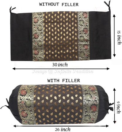 Ethnic Living Room Decorative Bolster Tube Pillow Covers Cylindrical Black Yoga Large Couch Round Cushion Cover Jacquard Brocade Silk Small Leaves Throw Pillow Case 76x38cm (30x15 inch) - 2 Pc.