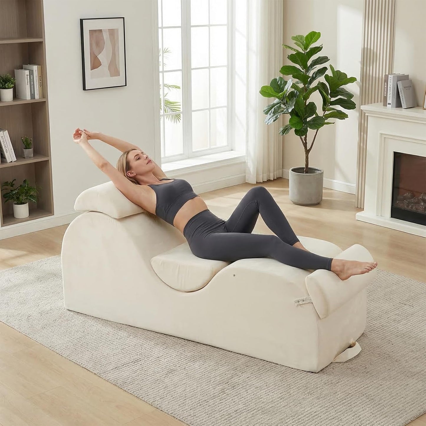 Mjkone Velvet Yoga Chair, Yoga Chaise Lounge Chair Indoor with Side Pockets, Headrest, Waist Cushion, Movable Footrest, Curved Sofa Chair for Relaxation Stretching for Bedroom, Black