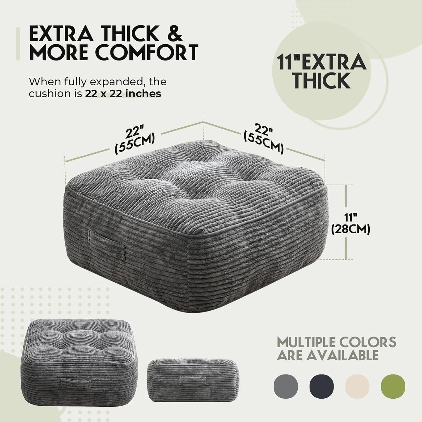 11" Thick Washable Floor Pillow for Adults, Yoga & Meditation Cushion with Handle, Square Large Pillows Seating with Removable Tufted Corduroy Cover for Tatami Living Room Board Games, Blind Shape
