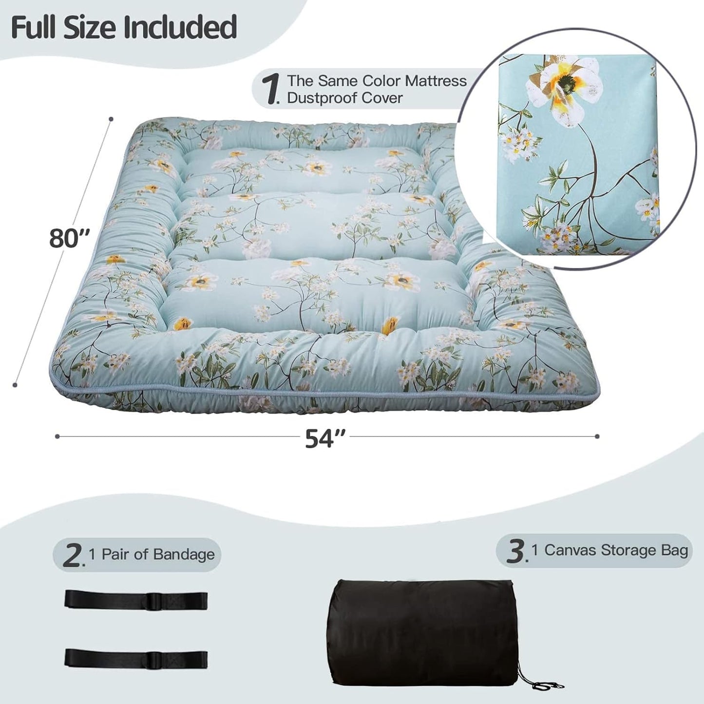 MAXYOYO Bohemian Retro Mattress Boho Floral Japanese Futon Mattress Tatami Floor Mat Foldable Portable Camping, Sleeping Pad, Lounger Couch Bed Full Size