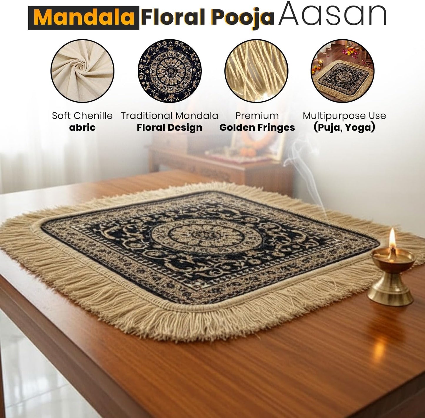 Soft Chenille Prayer Mat | Traditional Mandala Floral Pooja Aasan with Golden Fringes | Multipurpose Square Rug for Meditation, Yoga, Puja Room & Home (Red, 2x2 Feet)