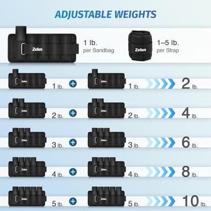 ZELUS 1 Pair Adjustable Ankle Weights, 2 4 6 8 10 lb Modularized Leg Weight Straps for Women Men, Weighted Ankle Weight Set with Removable Sandbags, 1-5 lb per Ankle Strap for Gym Yoga Jogging Walking