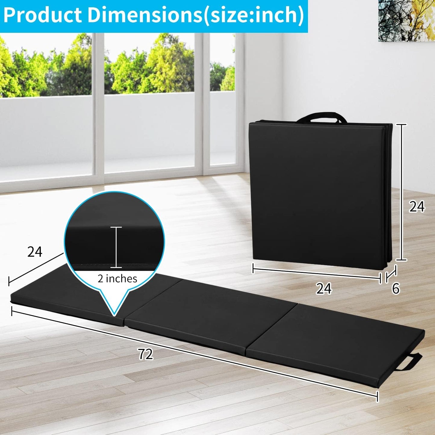 BLKMTY Gymnastics Mats - 2'x6' Folding Exercise & Yoga Mat with Carrying Handles for Kids' Tumbling & Home Gym
