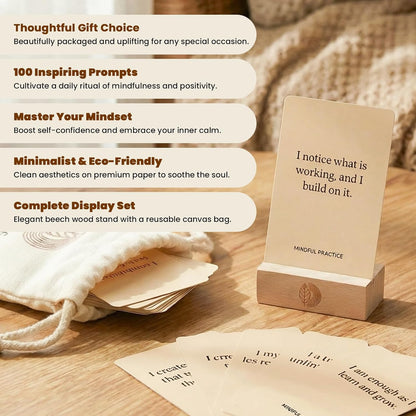 Affirmation Cards, 100 Mindful Prompts with Wooden Display Stand - Daily Affirmations for Inspiration, Mindfulness & Self Care - Unique Affirmation Gifts for Women or Men