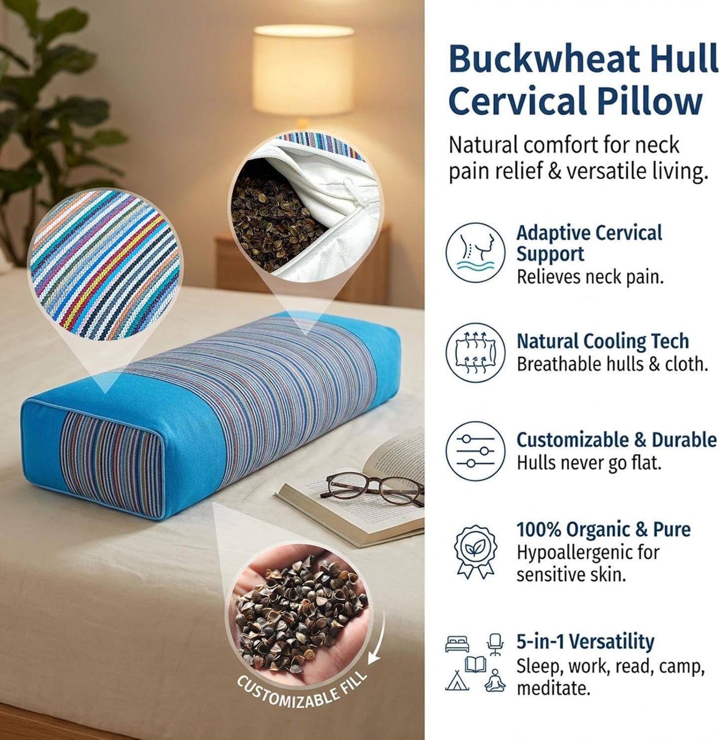Adjustable Buckwheat Hull Pillow for Neck Pain Relief (21x8x4in) Natural Cooling Cervical Support Organic Pillow for Side & Back Sleepers with Night Sweats (Grey)