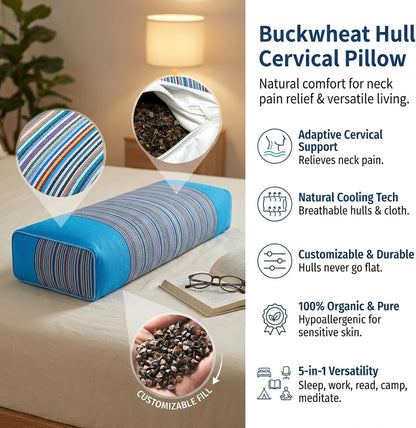 Adjustable Buckwheat Hull Pillow for Neck Pain Relief (21x8x4in) Natural Cooling Cervical Support Organic Pillow for Side & Back Sleepers with Night Sweats (Grey)