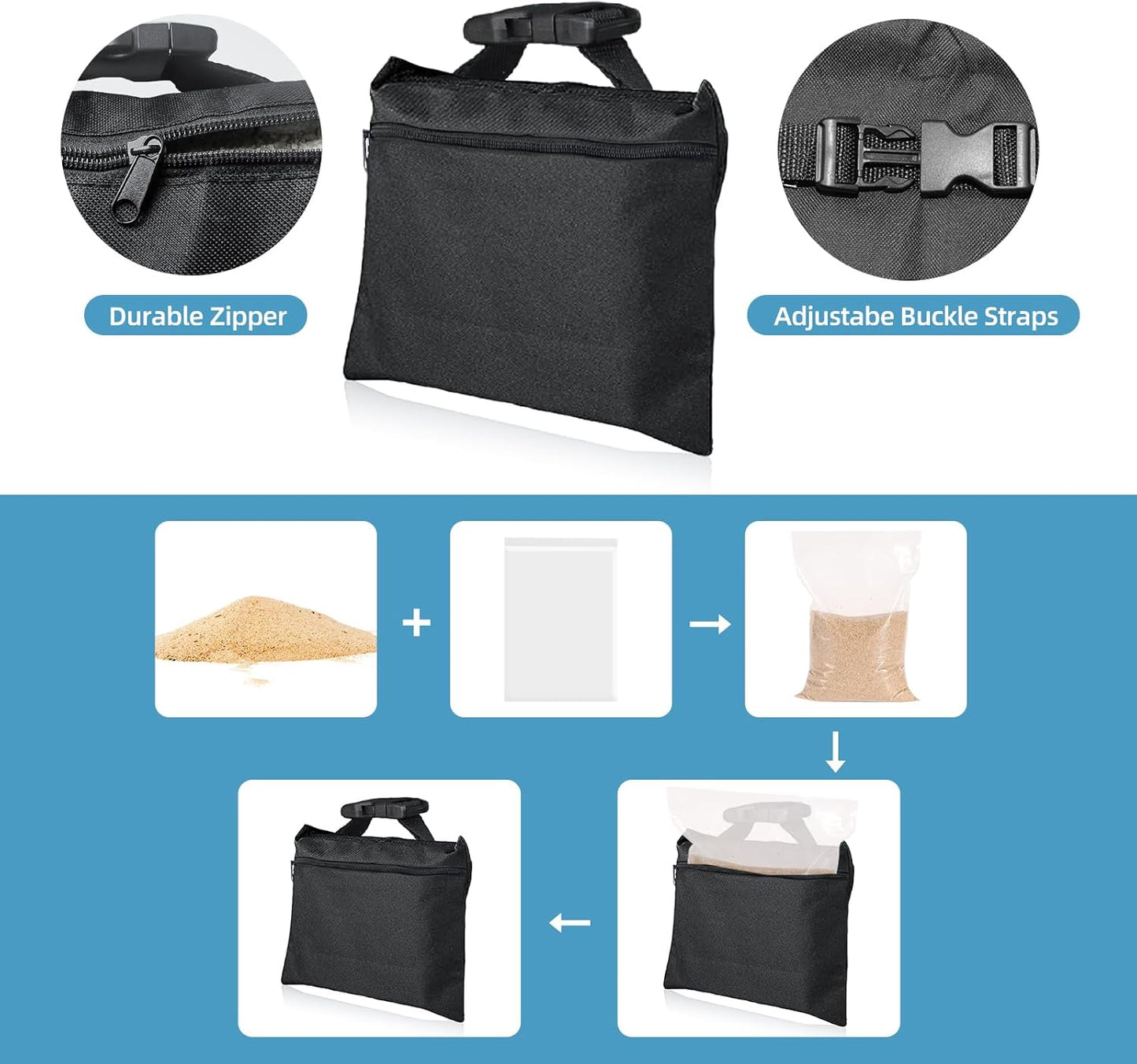 Sandbags 4 Packs with 4 PE Bags, Heavy Duty Sand Bags, Sand Bags for Weight with Zipper and Buckle Straps for Support Light Stand, More 2/4/6/8/10/12 Packs Sand Bag to Choose.