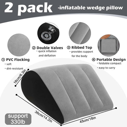 TheClover Portable Inflatable Wedge Pillow Cushion - 2 Pack Body Positioners Foldable Wedge Pillow for Sleeping,Back,Travel,Bed,Leg Elevation with Fast Inflation Deflation(Grey)