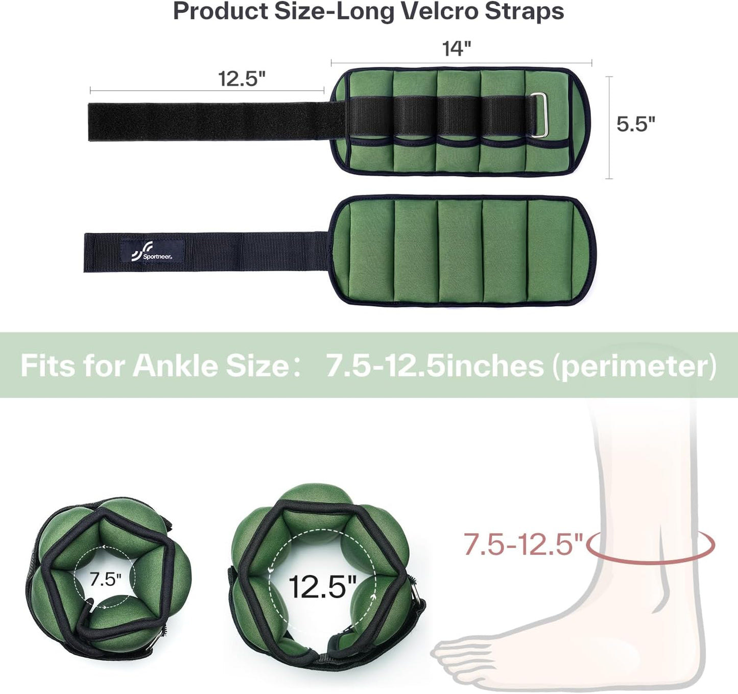 Sportneer Adjustable Ankle Weights Set - 1 Pair (2-10 lbs) Removable Sandbags for Women & Men, Comfortable Neoprene Leg Weights for Walking, Running, Pilates, Yoga, Home Workout & Physical Therapy
