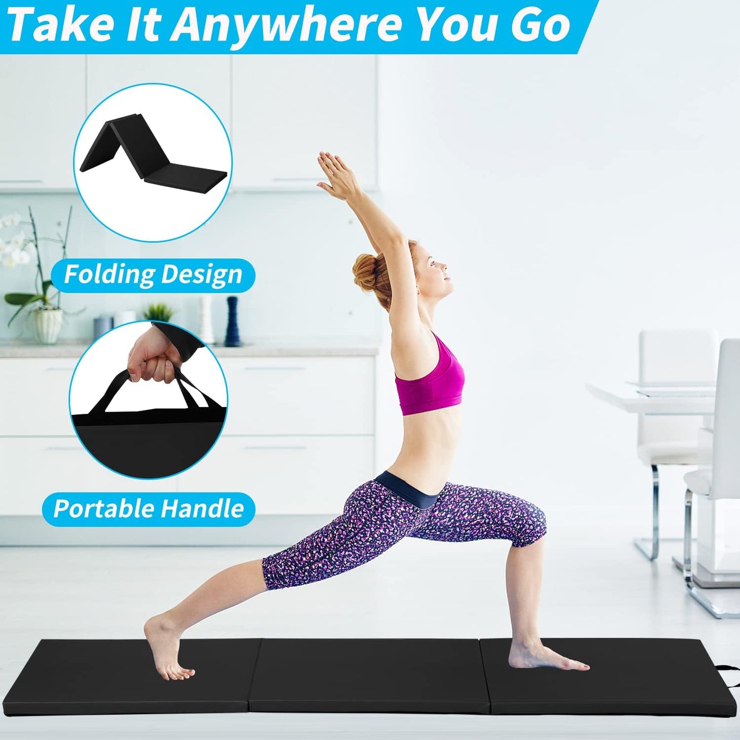 BLKMTY Gymnastics Mats - 2'x6' Folding Exercise & Yoga Mat with Carrying Handles for Kids' Tumbling & Home Gym