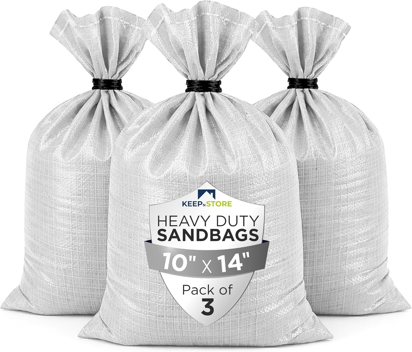 Heavy Duty Sand Bags Pack of 3, White Empty Sandbags with Built-In Ties, Woven Polypropylene UV Protection 1600 Hours, Fillable Sand Bags for Flood Control, Weight, 10x14 inches, 15 Pounds Volume