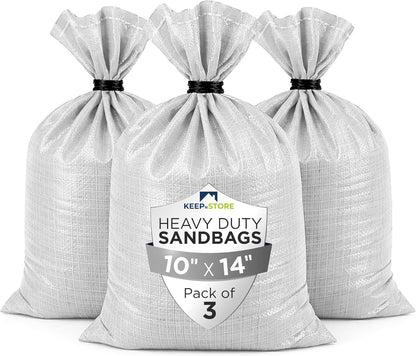 Heavy Duty Sand Bags Pack of 3, White Empty Sandbags with Built-In Ties, Woven Polypropylene UV Protection 1600 Hours, Fillable Sand Bags for Flood Control, Weight, 10x14 inches, 15 Pounds Volume