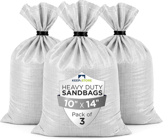 Heavy Duty Sand Bags Pack of 3, White Empty Sandbags with Built-In Ties, Woven Polypropylene UV Protection 1600 Hours, Fillable Sand Bags for Flood Control, Weight, 10x14 inches, 15 Pounds Volume