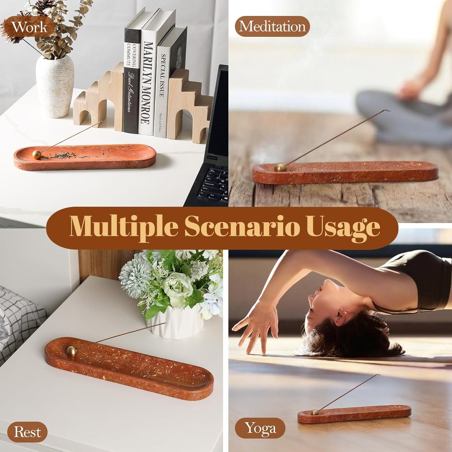 Koville Natural Marble Incense Holder, Incense Holder for Sticks with 9 Holes, Handmade Incense Burner Ash Catcher for Meditation Yoga SPA, Balsam Fir/Palo Santo/Sage/Cone (RoyalBeige)