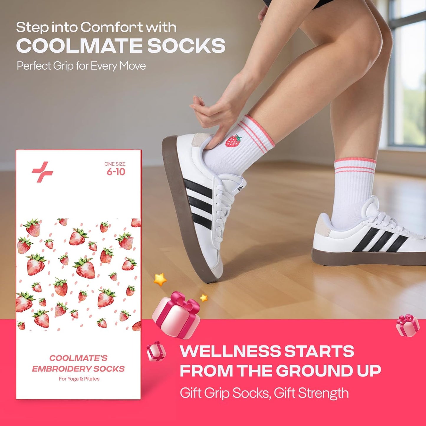 COOLMATE Pilates Socks with Grips for Women, Yoga Socks, Crew Non Slip Women for Barre, Pilates Gifts for Women - Colors B