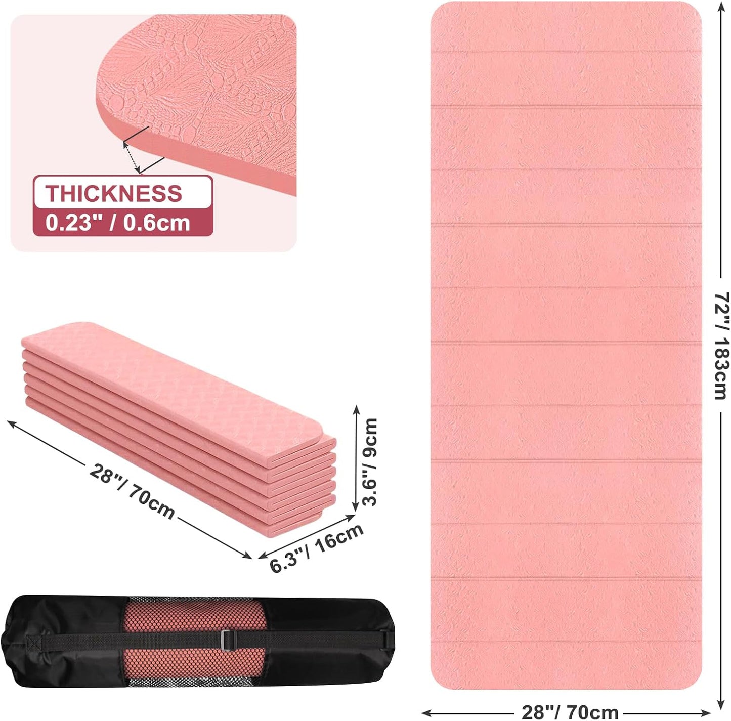 Foldable Yoga Mat 72"x28"x0.25" in, 70cm Wide Non Slip Pilates Mat, 6mm Thick Travel Yoga Mat Packable, Exercise Mats for Home Workout, Folding Stretching Mat for Women and Men