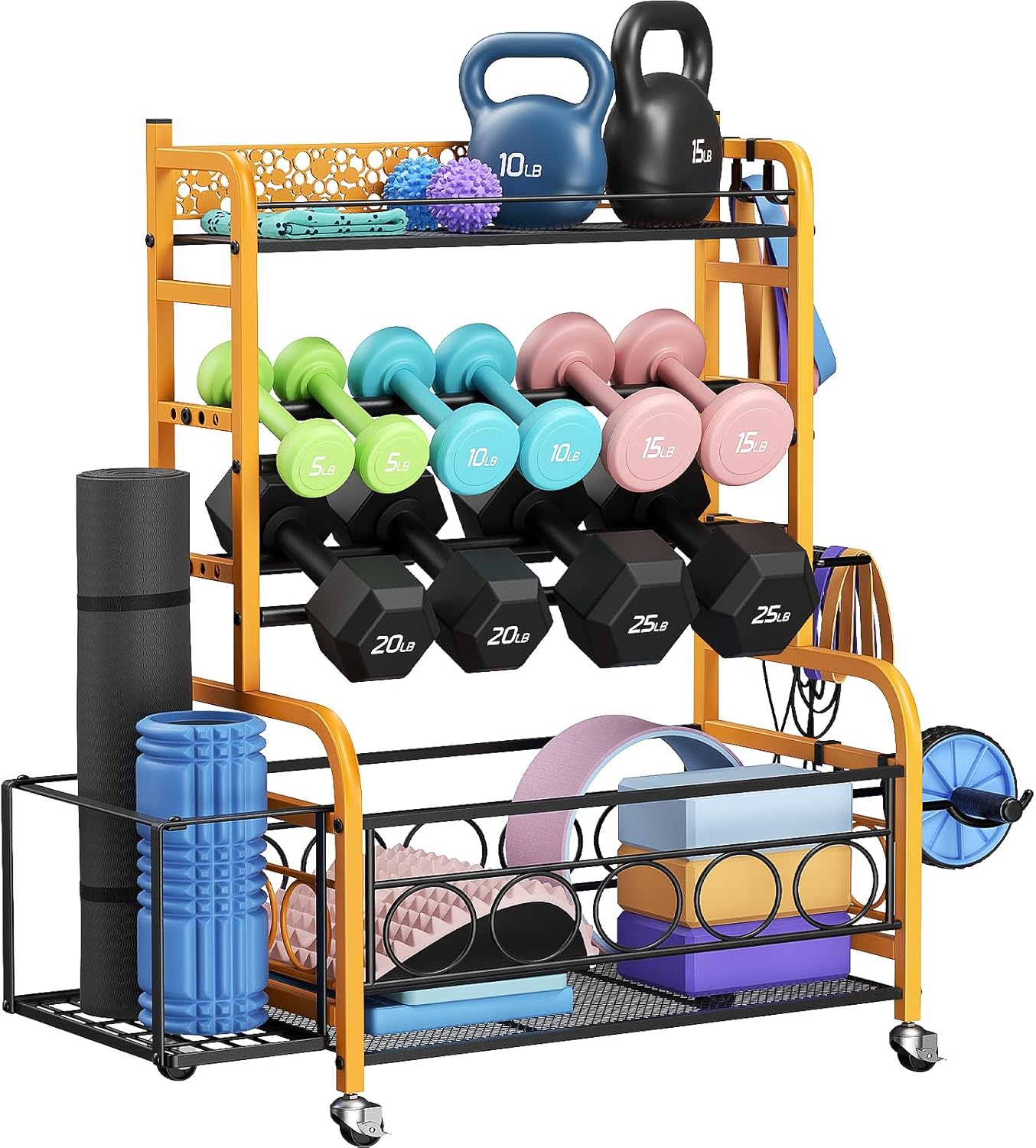 400LBS Dumbbell Rack, VOPEAK Adjustable Weight Rack for Home Gym, Home Gym Storage Rack for Yoga Mat Kettlebells and Strength Training Equipment, Weight Storage Rack for Dumbbells with Wheels