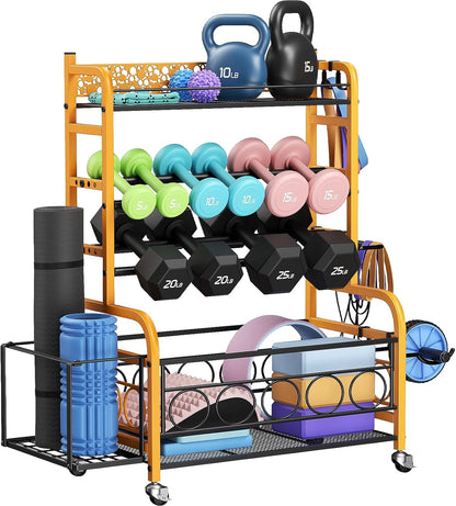 400LBS Dumbbell Rack, VOPEAK Adjustable Weight Rack for Home Gym, Home Gym Storage Rack for Yoga Mat Kettlebells and Strength Training Equipment, Weight Storage Rack for Dumbbells with Wheels