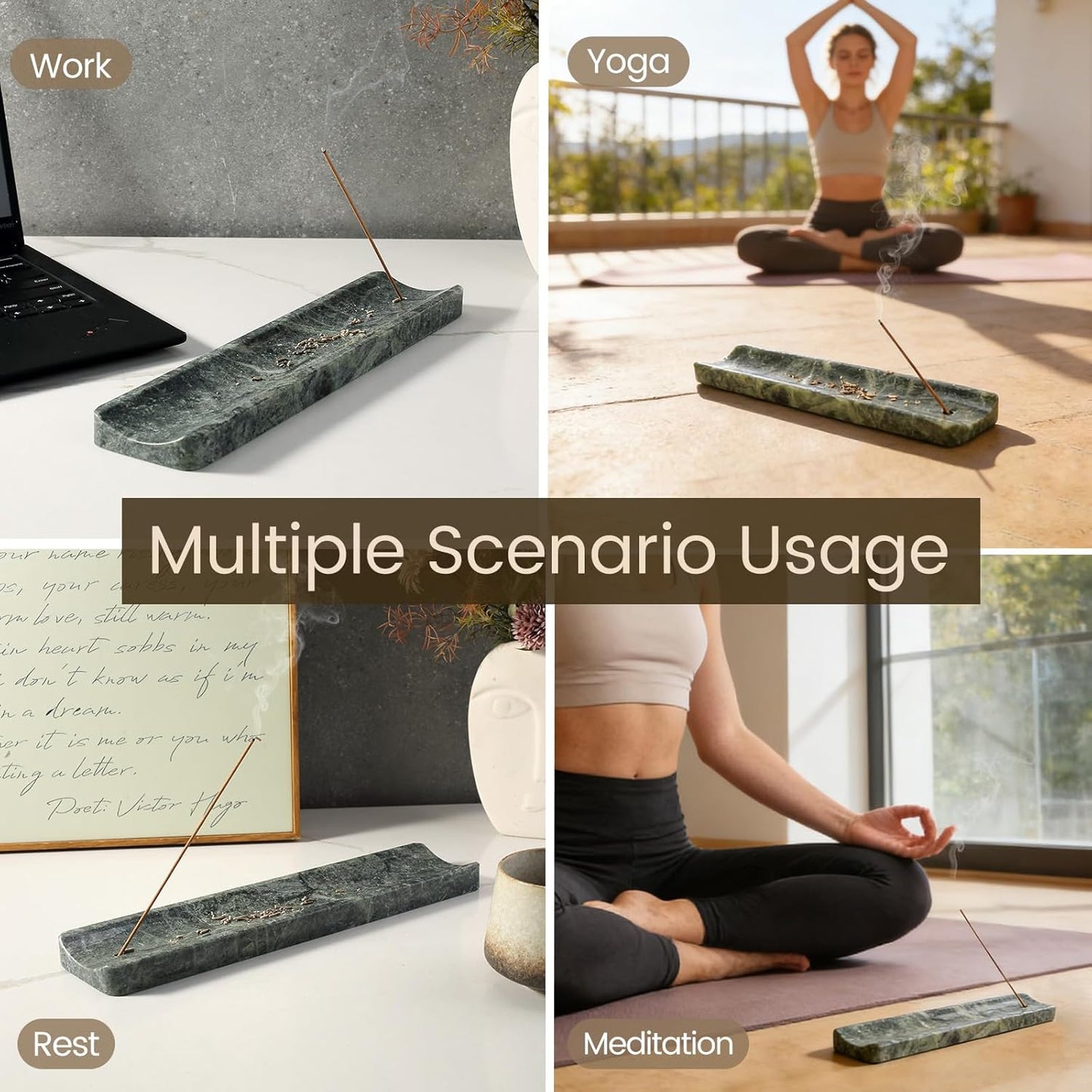 Koville Marble Incense Holder, Incense Holder for Sticks, Incense Sticks Holder Ash Catcher for Meditation Yoga SPA, Natural Stone Incense Burner, Home Table Decor (Green)