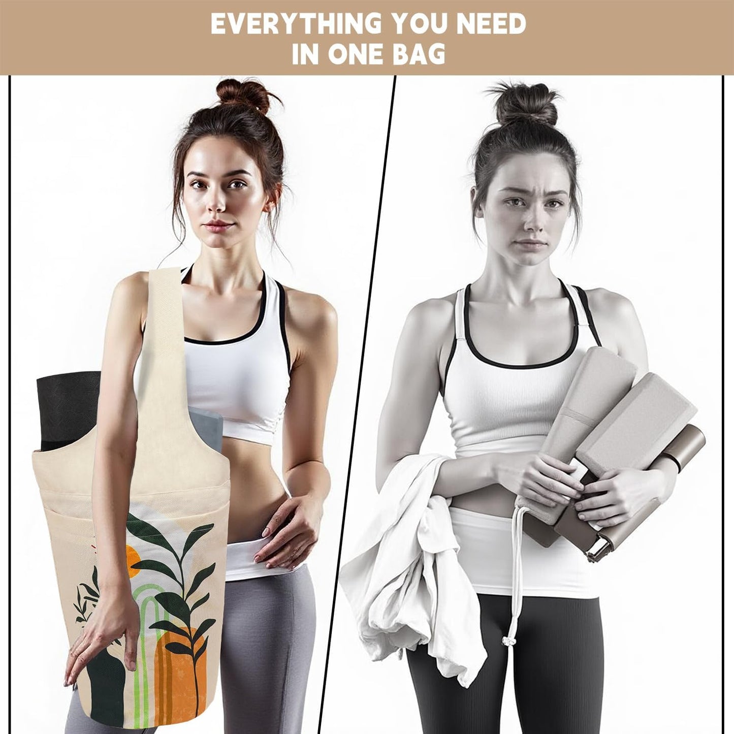 Yoga Mat Bag Carrier for Women with Side Large Pocket Durable Linen Workout Gym Travel Storage Pilates Mats