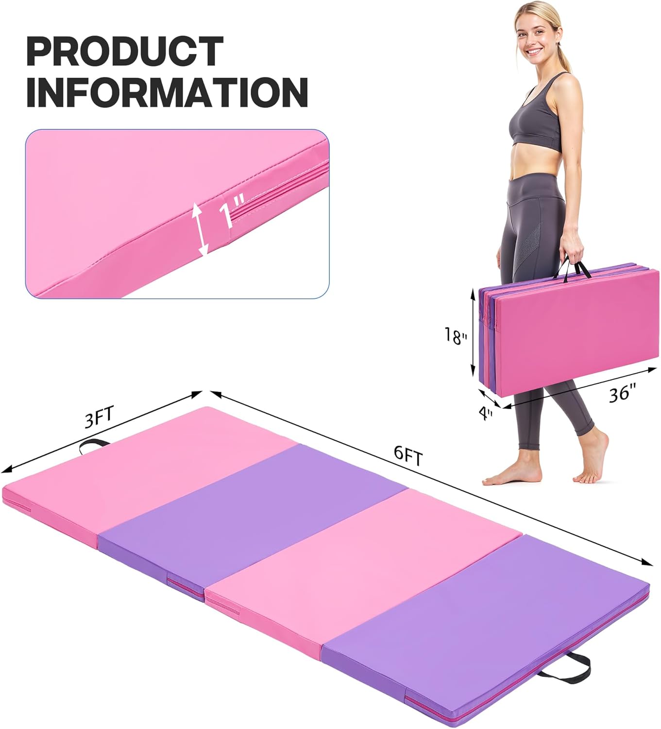 Outdoor Basic 6'x3'x2'' Gymnastics Mats Portable 4-Fold Tumbling Mat Thick Yoga Mat with PU Leather & Carry Handle for Home Workout, Yoga, MMA Core Training, Pilates