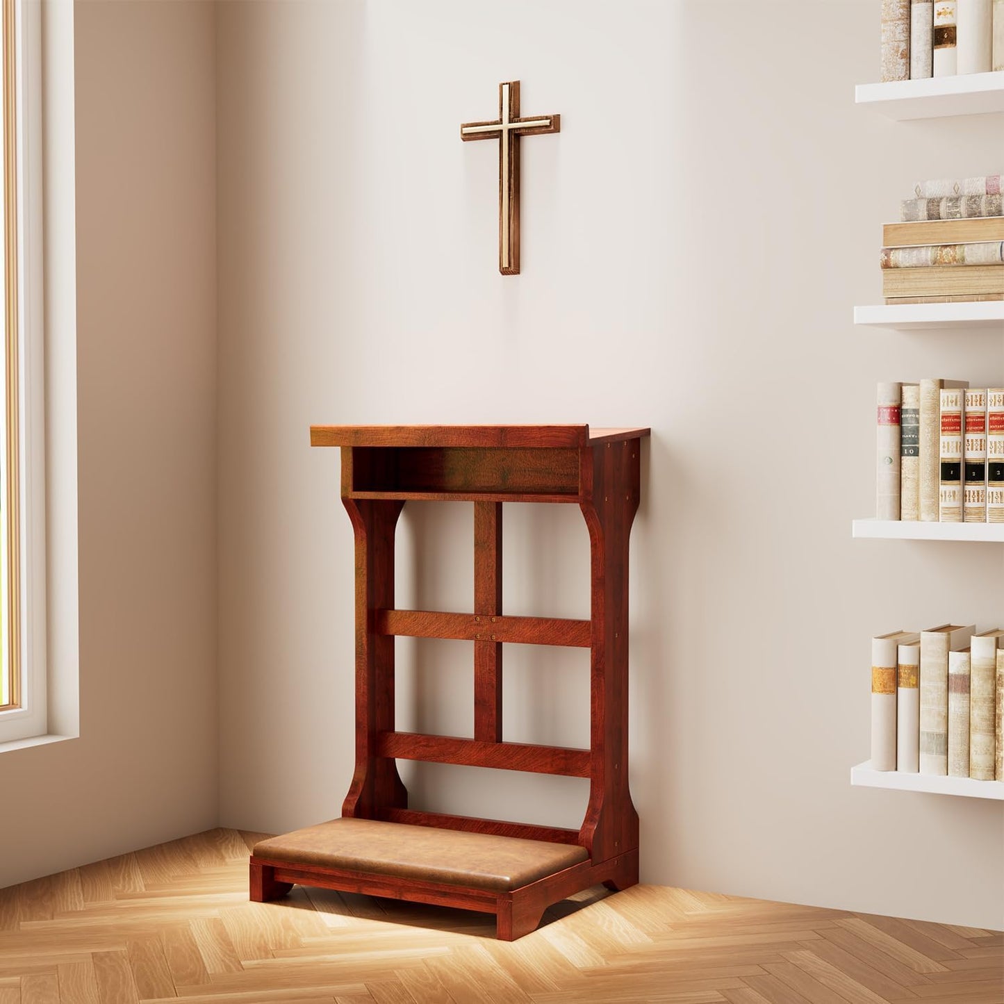 AECOJOY Prayer Kneeler Bench with Soft Cushion & Storage Shelf, Comfortable Wooden Kneeling Meditation Seiza Prayer Stool for Praying at Home or Church
