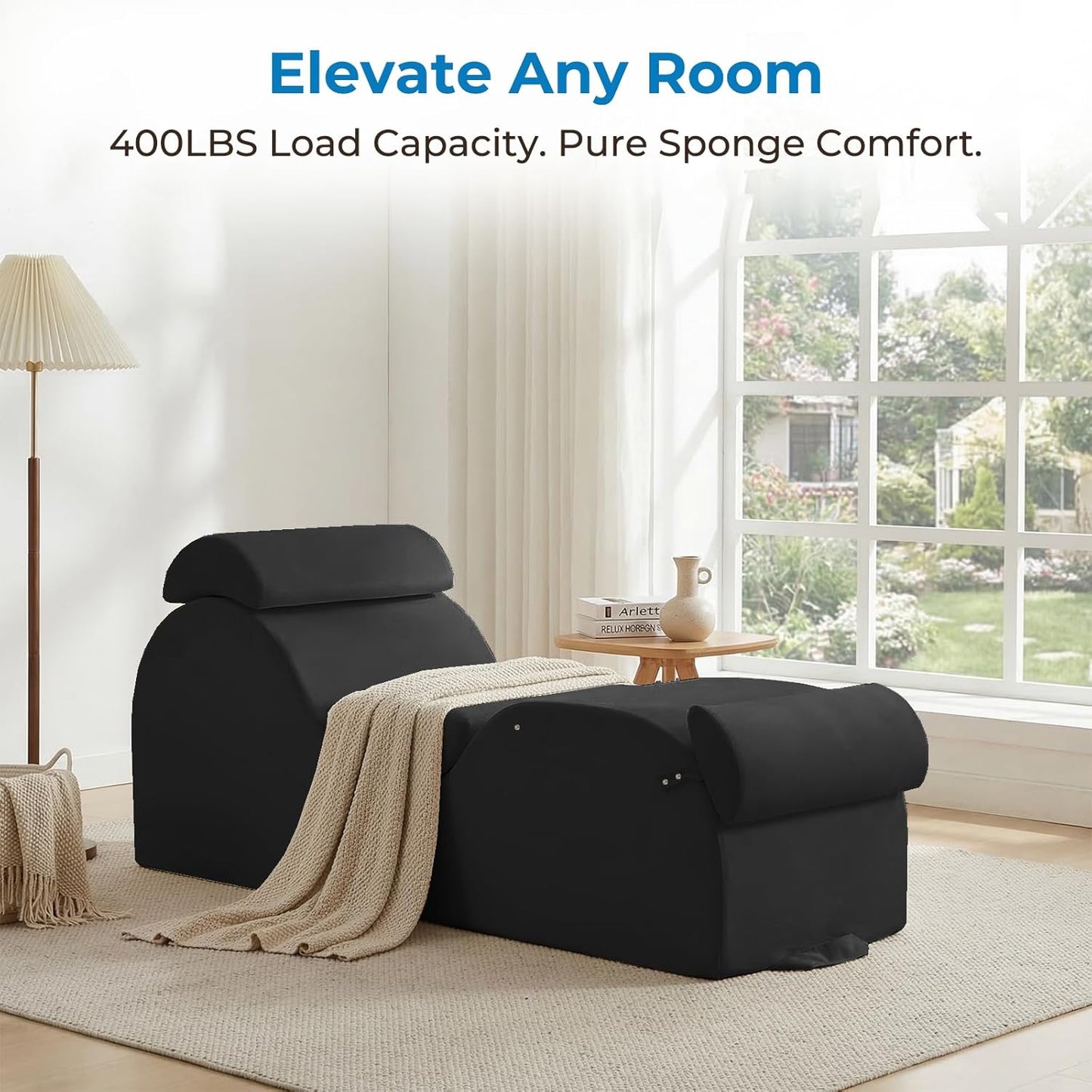 Mjkone Velvet Yoga Chair, Yoga Chaise Lounge Chair Indoor with Side Pockets, Headrest, Waist Cushion, Movable Footrest, Curved Sofa Chair for Relaxation Stretching for Bedroom, Black