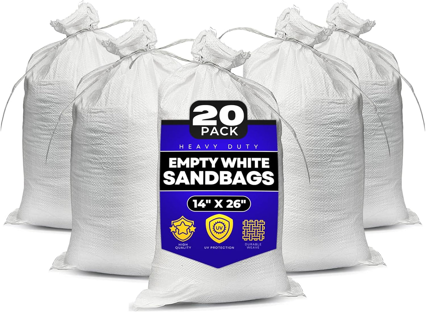 Sand Bags with Ties 14" x 26" - Sand Bags for Flooding, Woven Polypropylene Sandbags, 50 lbs Capacity, 14x26 inches, White