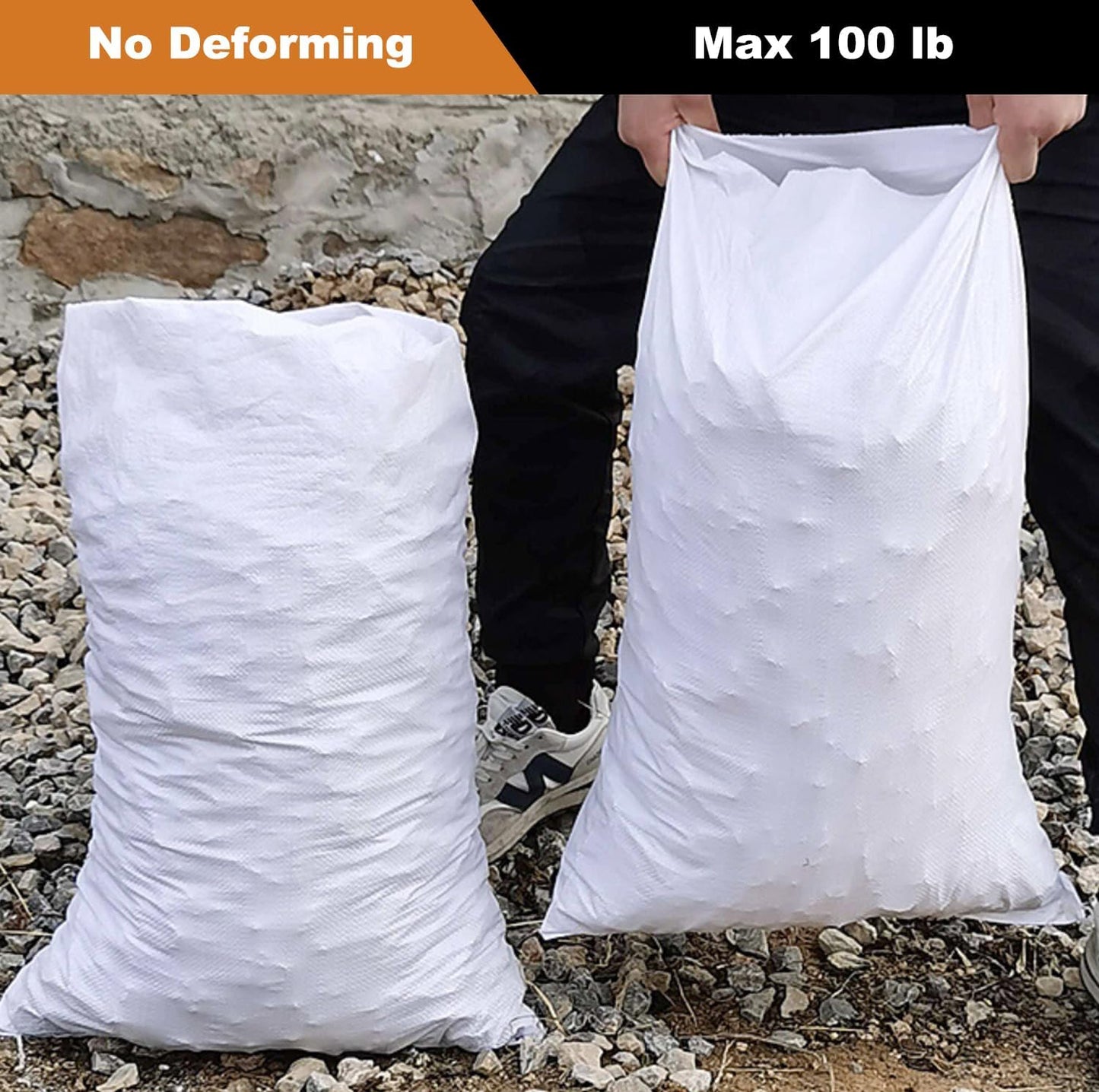 Heavy Duty Sand Bags for Flooding with Tie Strings, 100 Pack Empty Woven Polypropylene Sandbags for Hurricane Flood Control, 100 lbs Capacity, 14x26 inches, White