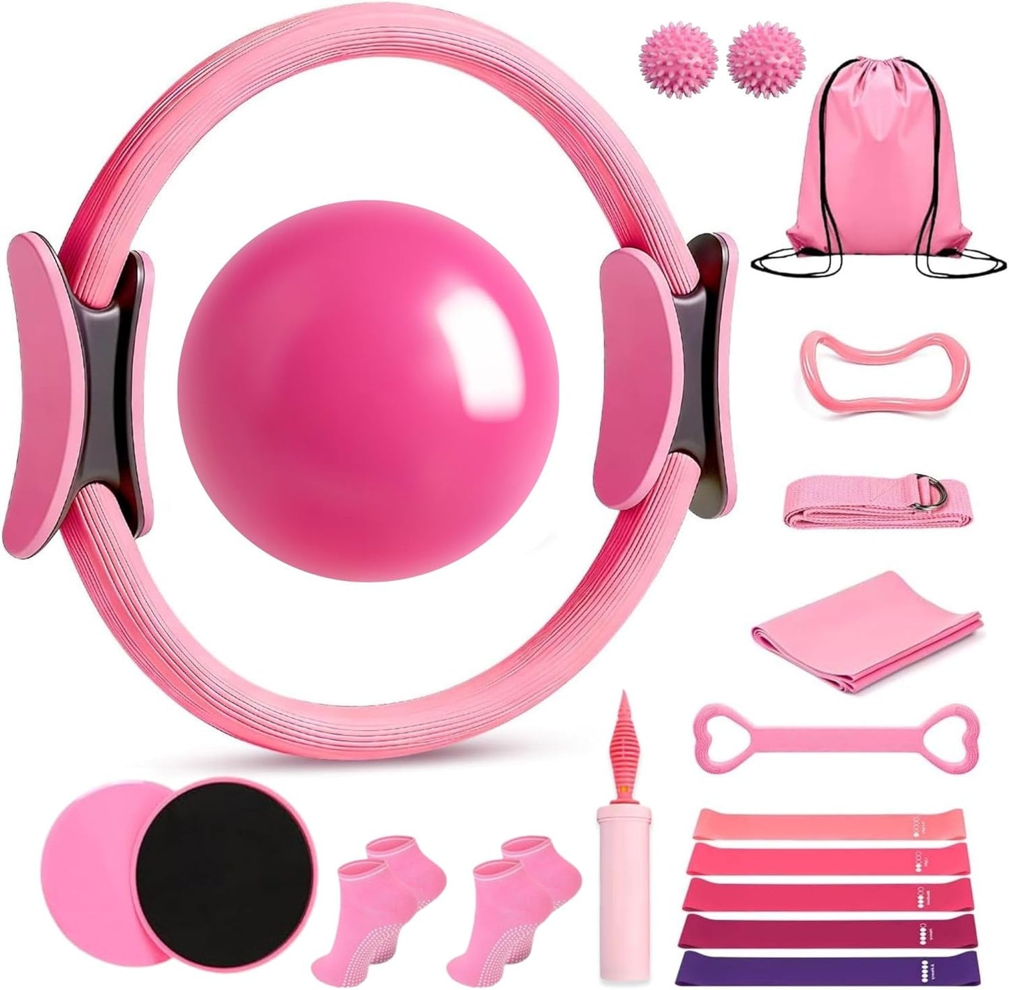 Pilates Kit for Home Workouts, Pilates Starter Kit for Women, Yoga Band, Pilates Equipment Ring and Ball Set & 5 Resistance Bands, Massage Balls, Core Sliders & Grip Socks