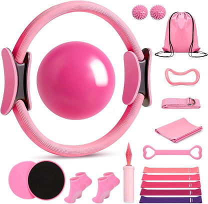 Pilates Kit for Home Workouts, Pilates Starter Kit for Women, Yoga Band, Pilates Equipment Ring and Ball Set & 5 Resistance Bands, Massage Balls, Core Sliders & Grip Socks