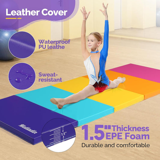 Matladin Folding Gymnastics Gym Exercise Aerobics Mat, 76"L x 30"W x 1.5"Th Folding Exercise Mat, Easy to Clean PU Leather Tumbling Mats for Stretching Yoga Cheerleading Martial Arts, Kid Play(Pink ,Blue）