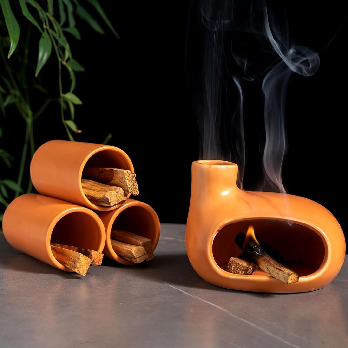 MOUGIGI Terracotta Palo Santo Holder - Modern Chiminea Incense Burner for Yoga, Meditation, and Energy Cleansing - Wood Sticks Dish, Sage Ash Catcher, Smudge Bowl, Cone Burner - Unique Meditation Gift