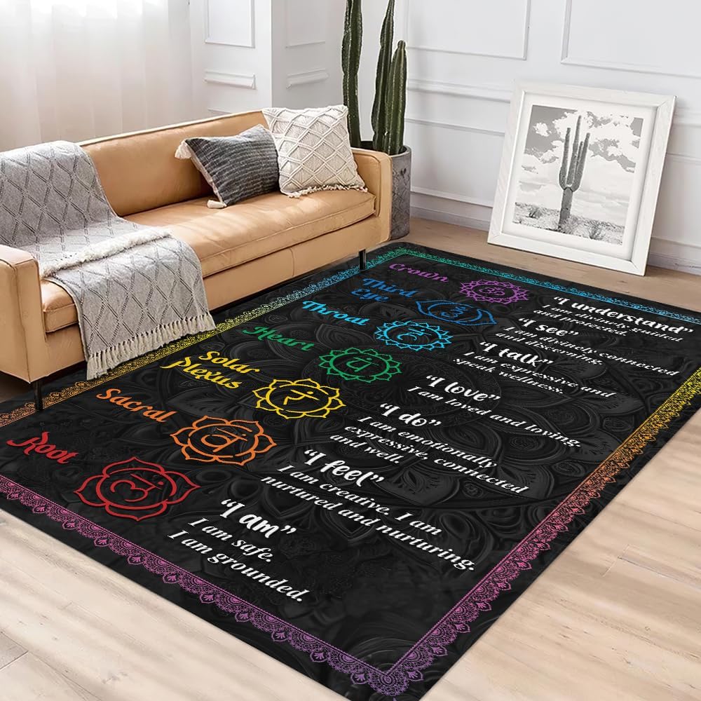 Chakra Area Rug, Meditation & Yoga Carpet for Living Room, Bedroom Mandalas Boho Style Non-Slip Machine Washable Rugs for Women Adults Yoga Lovers Bohemian Floor Mat Office Decor (YOGA-DS01)
