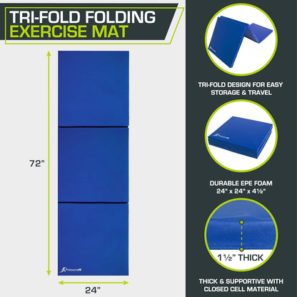 ProSource Tri-Fold Folding Thick Exercise Mat 6’x2’ with Carrying Handles for MMA, Gymnastics, Stretching, Core Workouts