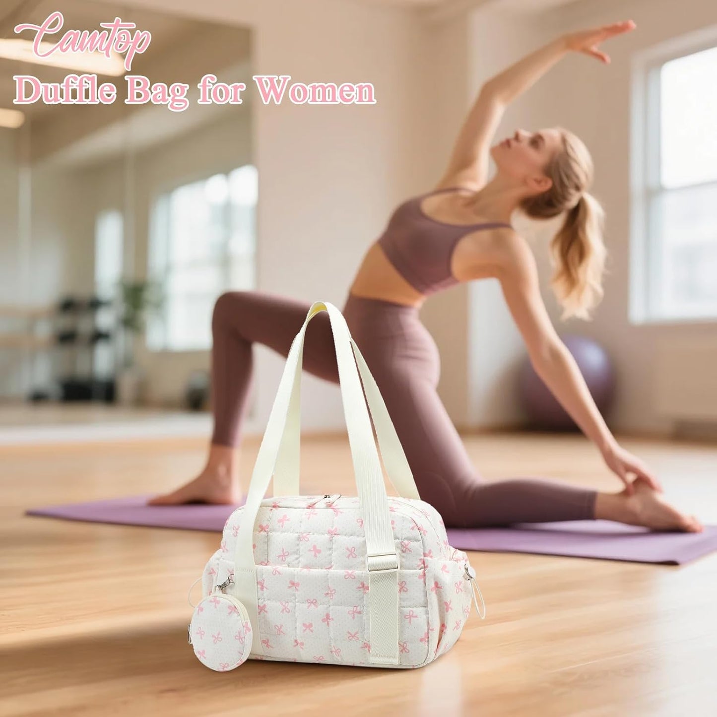 CAMTOP Mini Gym Bag for Women, Small Gym Tote Bag Puffy Quilted Sports Duffel Bag with Wet Compartment and Coin Purse Duffel Bags Dance Yoga Workout Bag for Gifts (All Black, Mini-12.6")