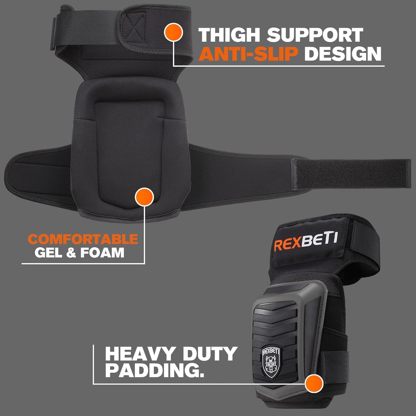 REXBETI Knee Pads for Work, Construction Knee Pads for Men, Heavy Duty Comfortable Anti-slip Foam Gel Knee Pads for Gardening Flooring and Cleaning, Strong Stretchable Straps, Orange