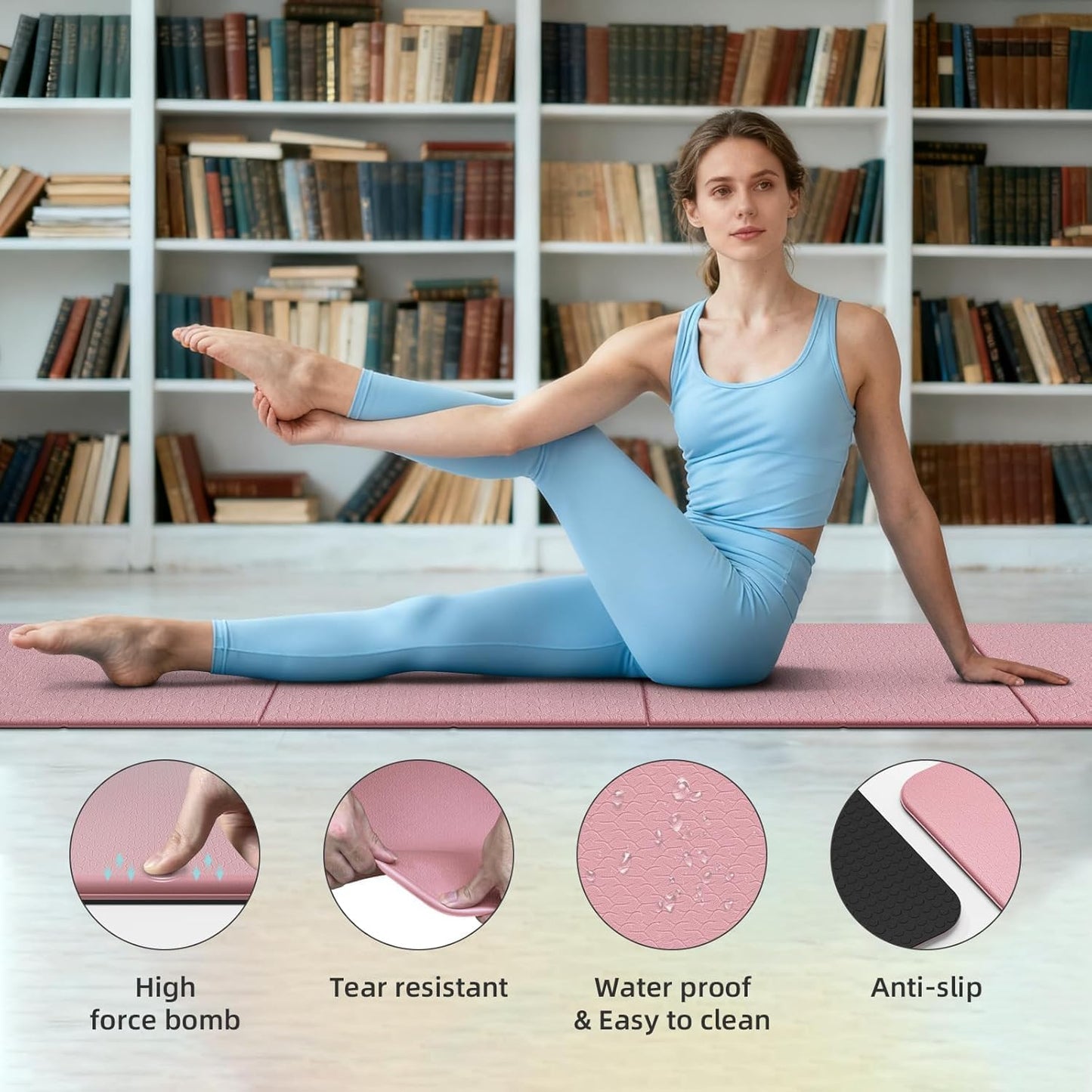 Foldable Fitness Mat, Extra Thick,Extra Long Wide Non-Slip TPE Exercise Mat for Yoga, Pilates & Home Gym Workouts(Pink)